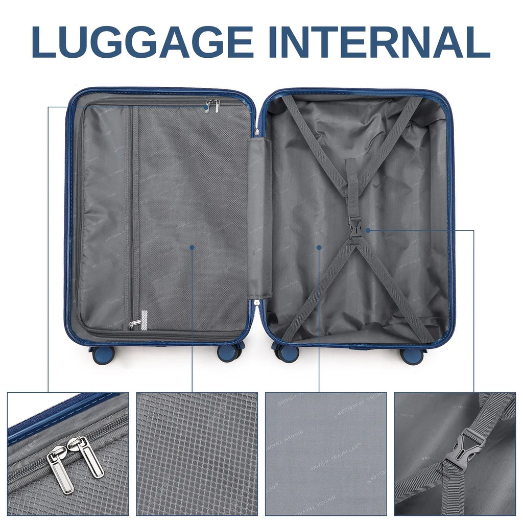 British Traveller Lightweight Hard Shell Suitcase ABS+PC, 20/24/28 inches, 4 spinner wheels with combination lock