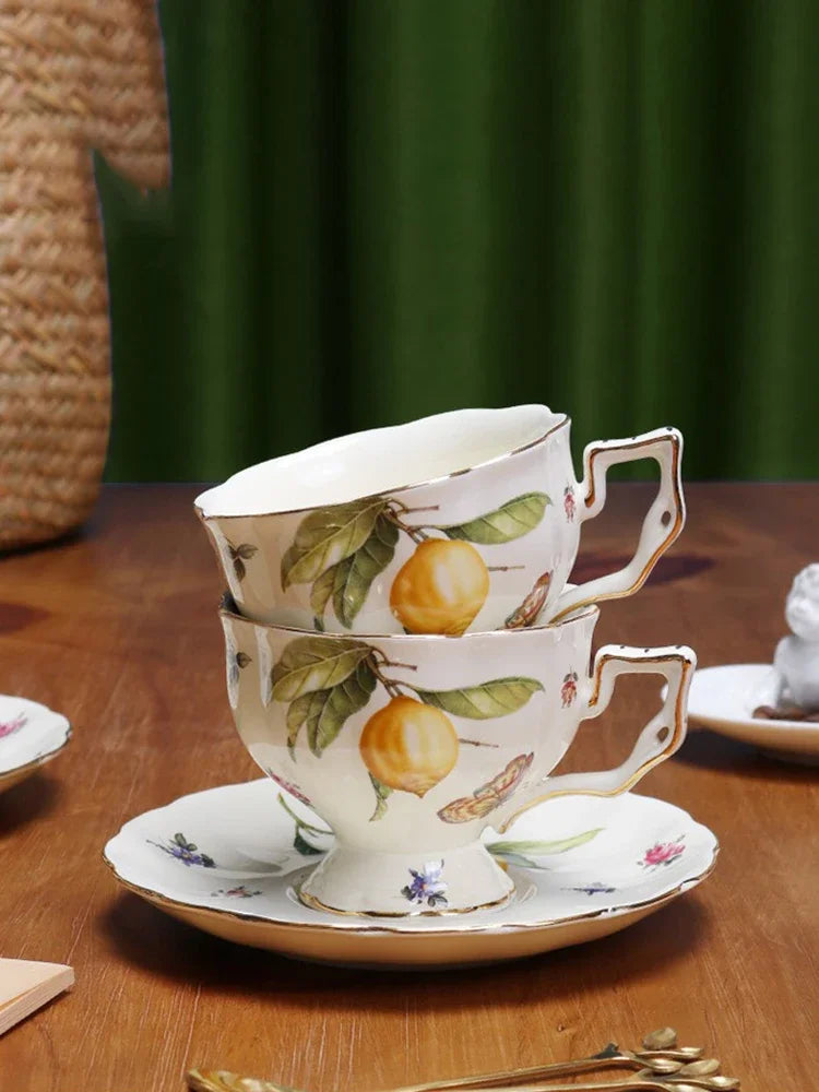 European Style Ceramic Mug Coffee Cup and Saucers Set Lemon Pattern Retro Afternoon tea cup Dessert Plate Teapot Home kettle