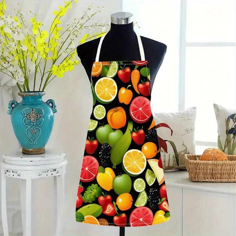 1pc Large Burlap Apron with Fresh and Creative Vegetable & Fruit Print, Sleeveless Kitchen Accessory for Home Cooking and Decor