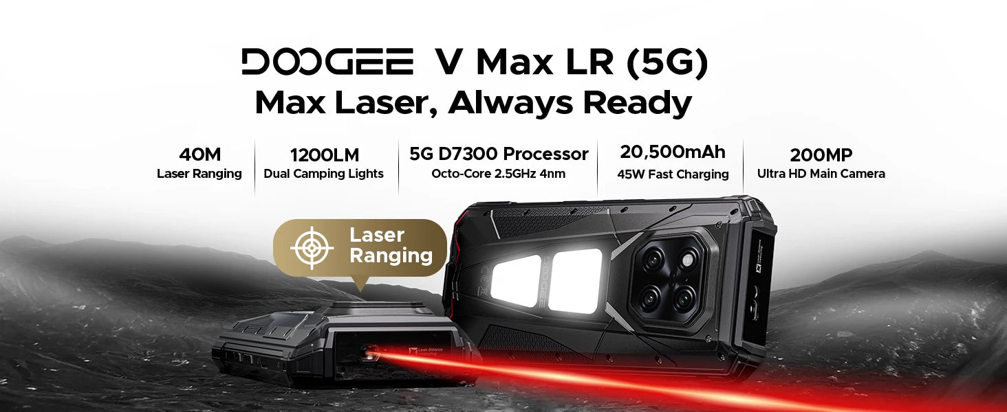 DOOGEE V Max LR 5G Rugged Phone  Laser Rngefinder Dual Camping lights 20500mAh Battery Light Effect 16GB 512GB Smartphone NFC