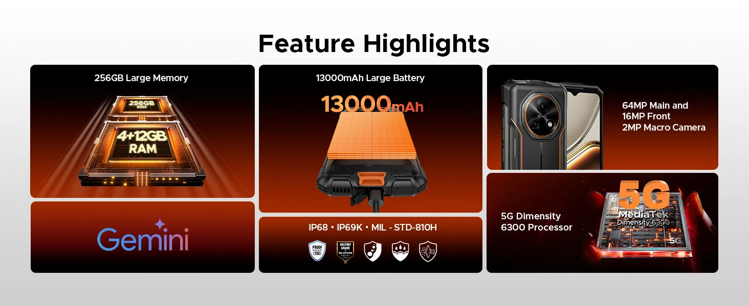 DOOGEE Fire 7 5G Rugged Phone Android 15 Gemini AI 13000mAh Battery 6.6'' Screen Dimensity 6300 64MP Camera  Smartphone NFC