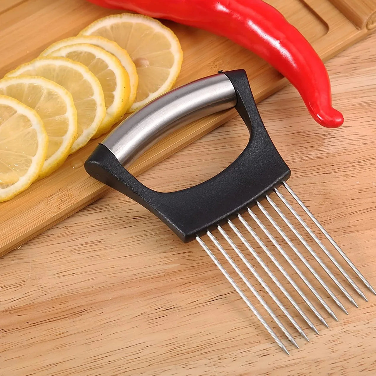 1pc Stainless Steel Onion Slicer Holder, Multipurpose Meat Tenderizers, Vegetable Potato Tomato Lemon Cutting Tool, Full Grip Ha
