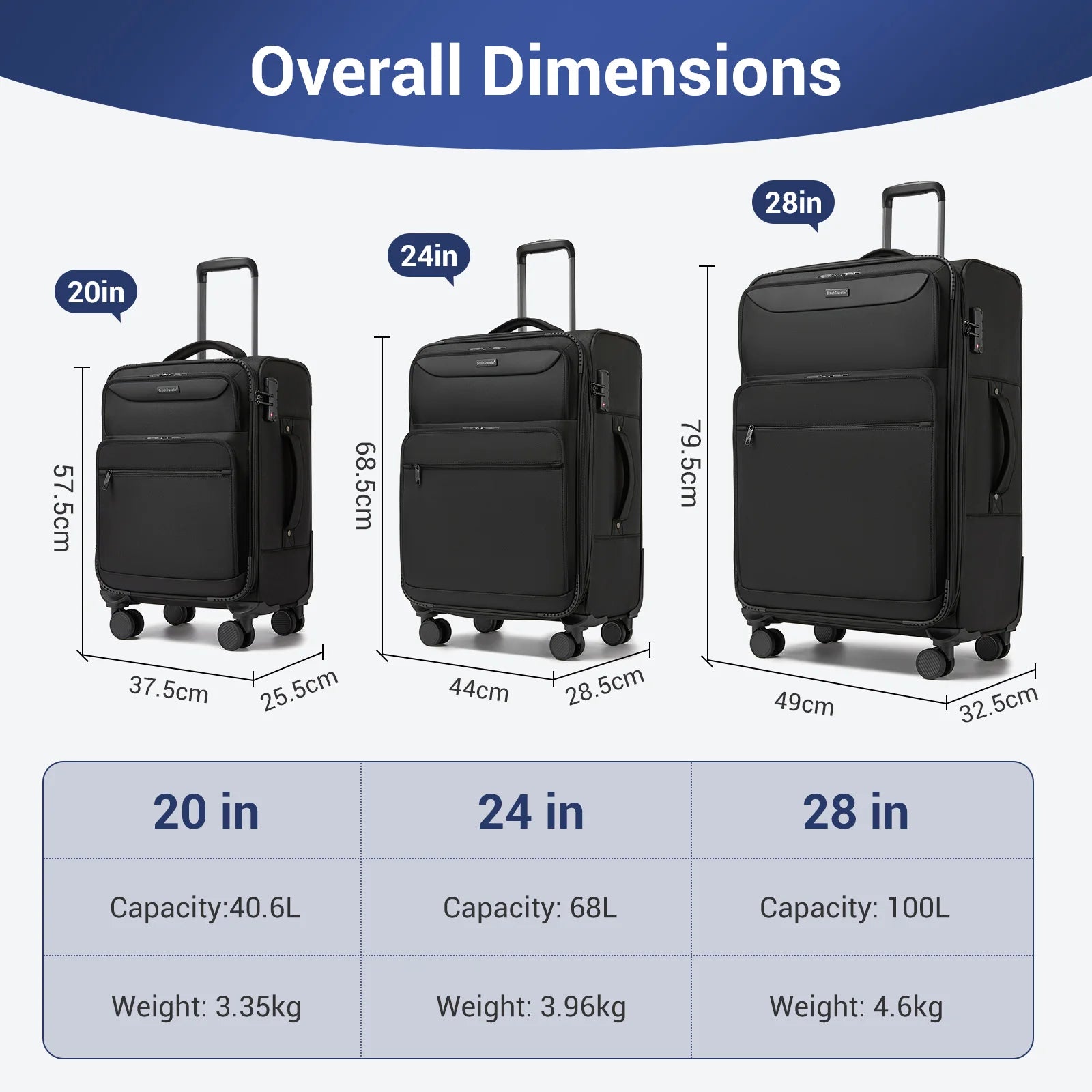 British Traveller - Suitcase Adjustable Handle, 4 Spinner Wheels, Lightweight, TSA Lock - Recycled Polyester Luggage （S/M/L)