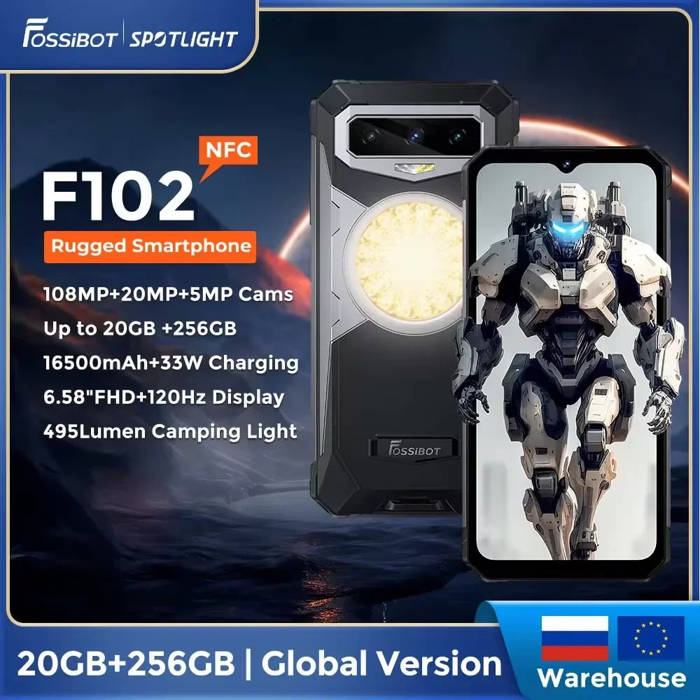 FOSSIBOT F102 Rugged 20GB+256GB 16500mAH Android 13,6.58 FHD, Camping Light  Waterproof, NFC 108MP,Helio G99 33W Fast Charging