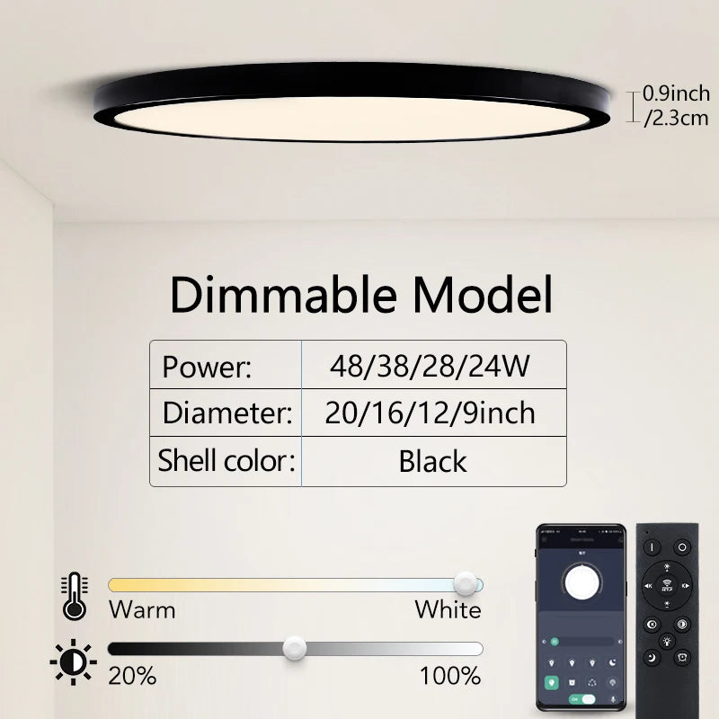 0.9 Inch Ultra-thin Smart LED Ceiling Light Pendant 24W 28W 38W 48W AC85V-265V Indoor Home Decorative Fixtures Remote Control
