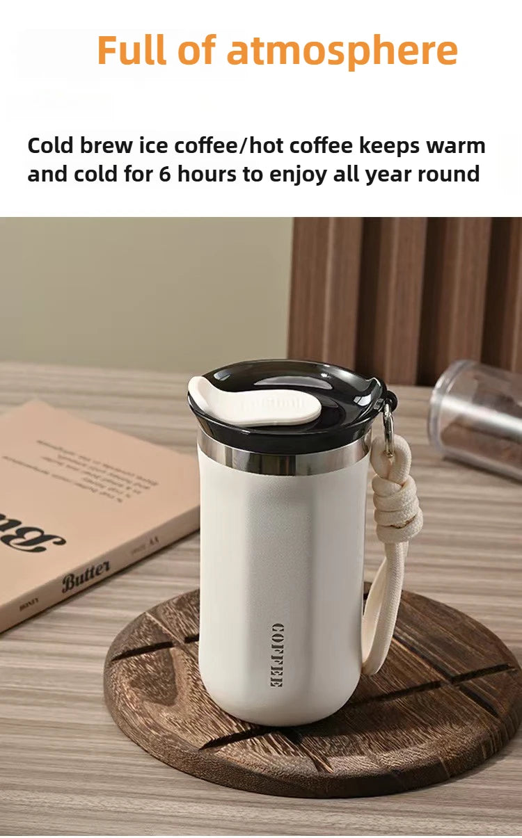 350ML 500ML Insulated Coffee Tumbler Stainless Steel Travel Mug with Lid Rope Handle Portable Thermal Cup for Car Office