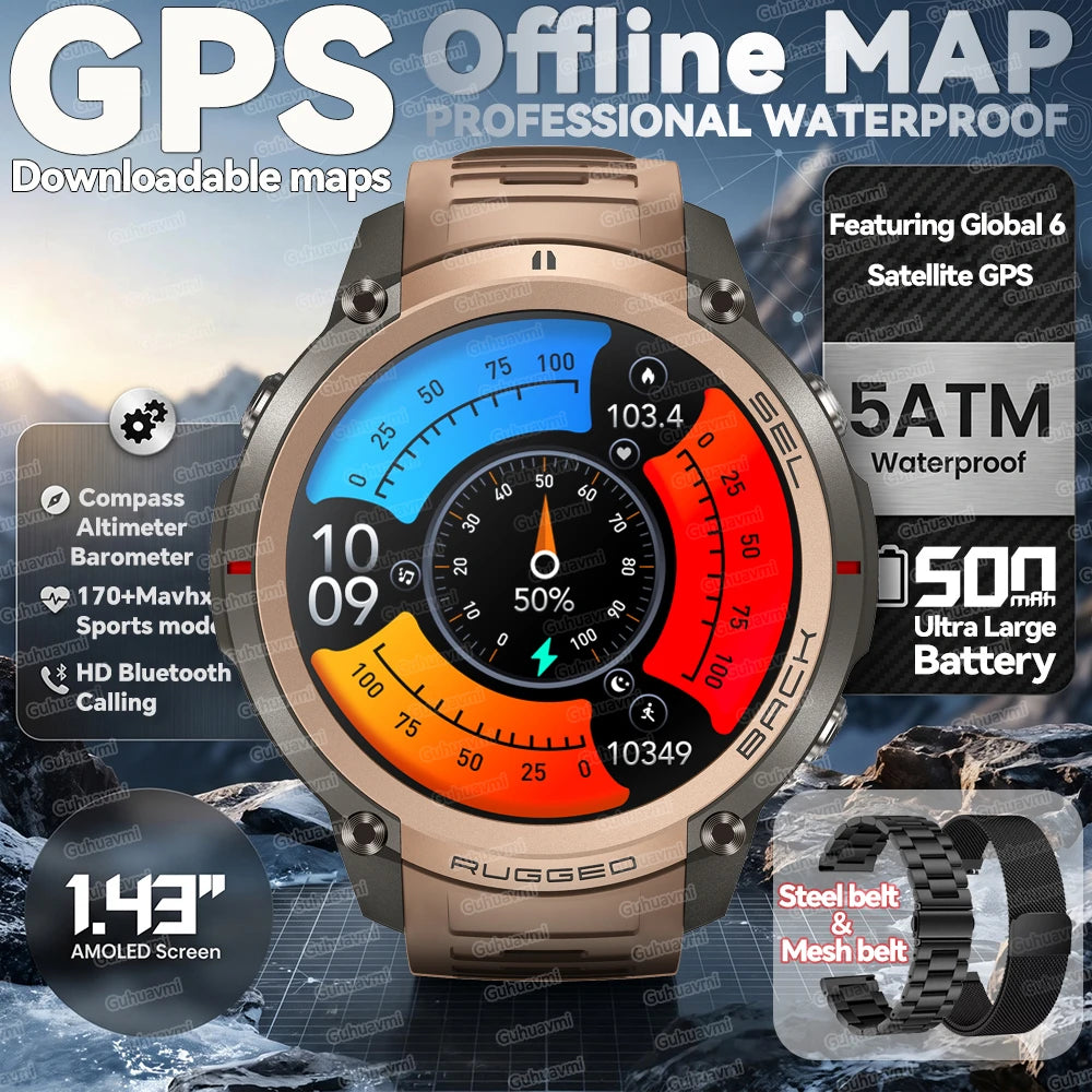 2026New Outdoor GPS Smart Watch Offline Maps Download Compass Tracking 5ATM Waterproof Tactics Sport Smart Bracelet For Men gift