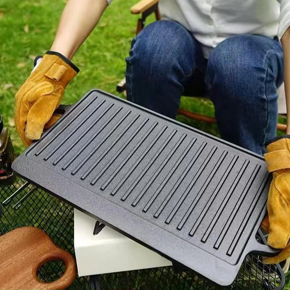 Cast Iron Grill Plate Double Sided Griddle Pan with Double Handles for Steaks Broil Bread Eggs Pancakes Vegetables