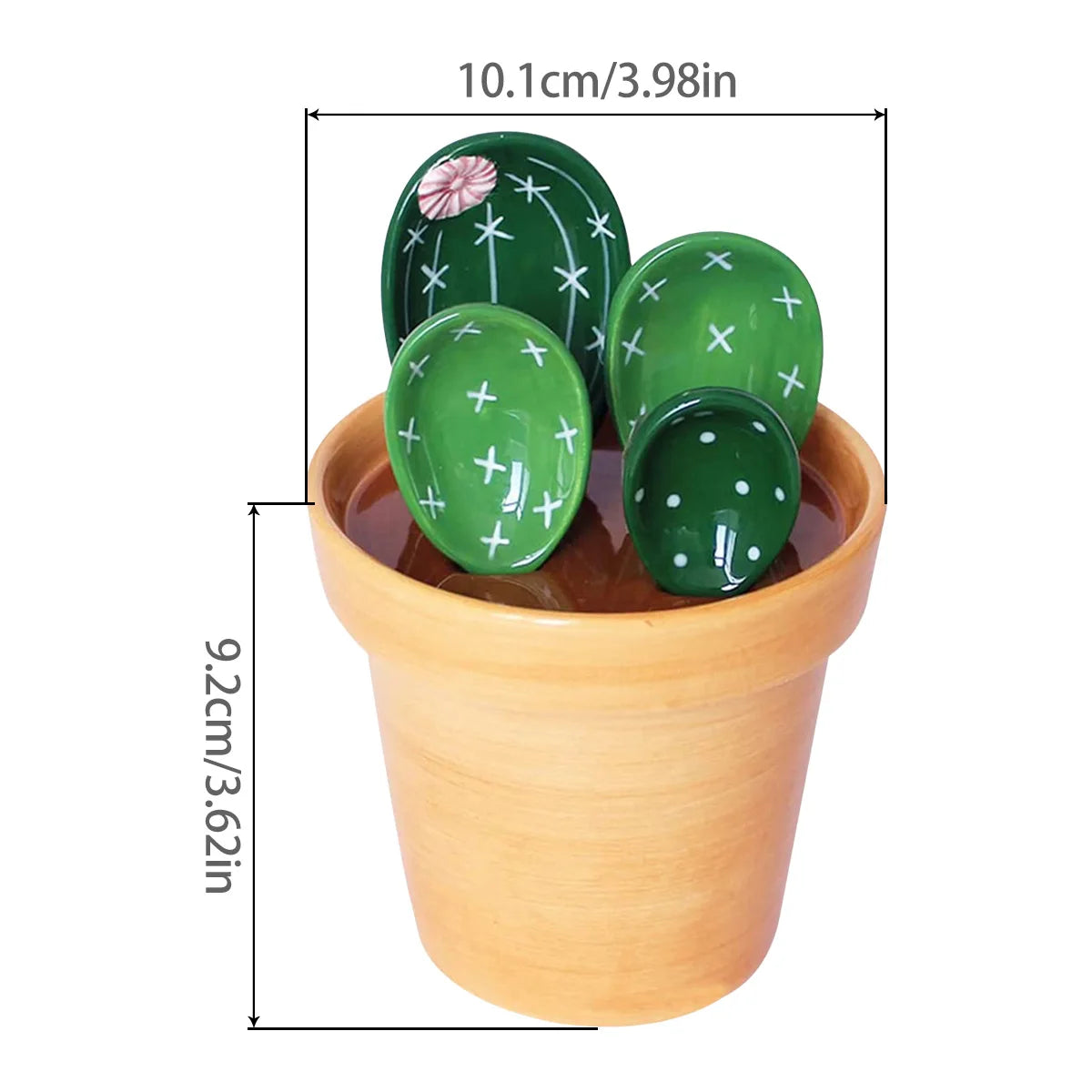 4Pcs Porcelain Measuring Spoons Set with Base Cute Cactus Shape Stirring Soup Spoon Ceramic Flower Pot Measuring Spoon