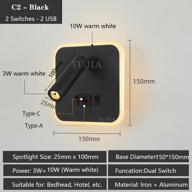 Contemporary Multifunctional LED Wall Sconce with Switch Modern Adjustable Reading Lamp USB Charging Ports for Bedrooms Offices