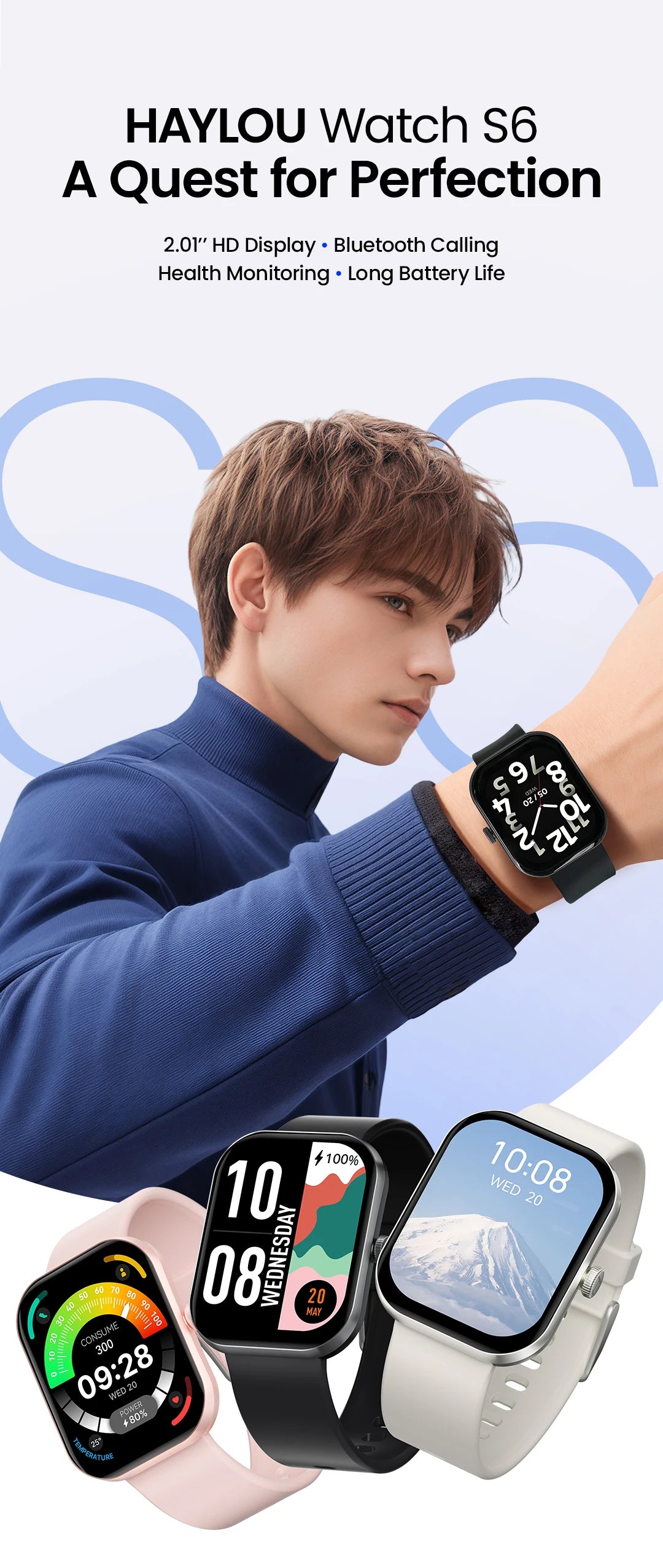 HAYLOU Watch S6 Smartwatch 2.01" HD Display Smart Watch Bluetooth Voice Callings IP68 Waterproof Fitness Tracking Smartwatch