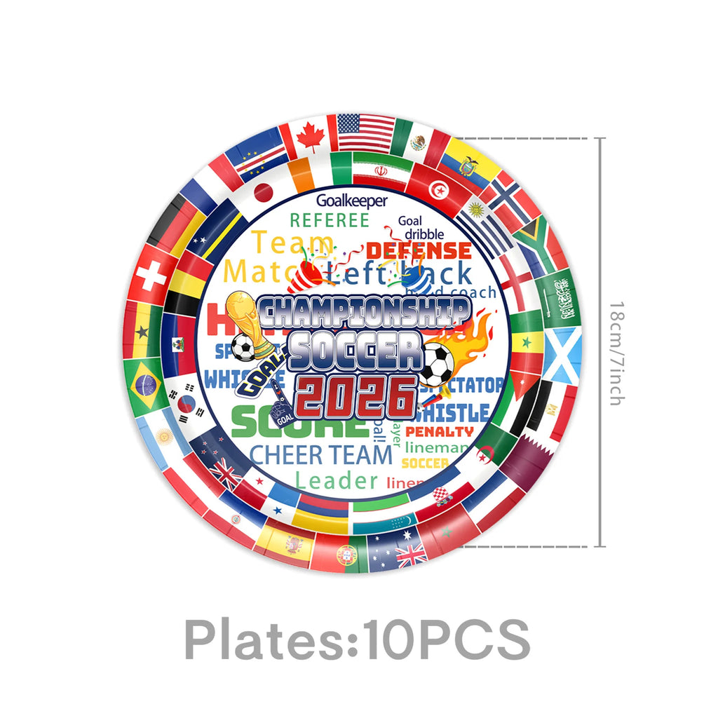 World Football 2026 Soccer Party Supplies Tablewear with International Flags Paper Plates, Cups Napkins Set for Football Party