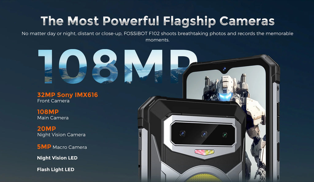 FOSSIBOT F102 Rugged 20GB+256GB 16500mAH Android 13,6.58 FHD, Camping Light  Waterproof, NFC 108MP,Helio G99 33W Fast Charging