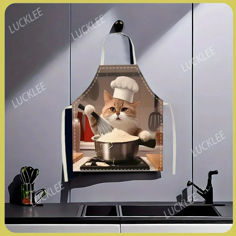 Funny Cat Chef Apron, Realistic Cooking Cat Print Kitchen Bib, Animal Lover Gift, Waterproof Baking Apron for Home & Restaurant