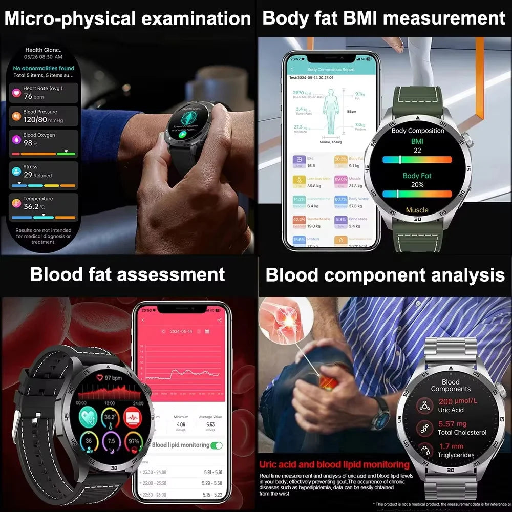 For iOS Android New Health Measurement SmartWatch Men Blood Oxygen Uric Acid ECG+PPG Body Blood Pressure HD Bluetooth Call Watch