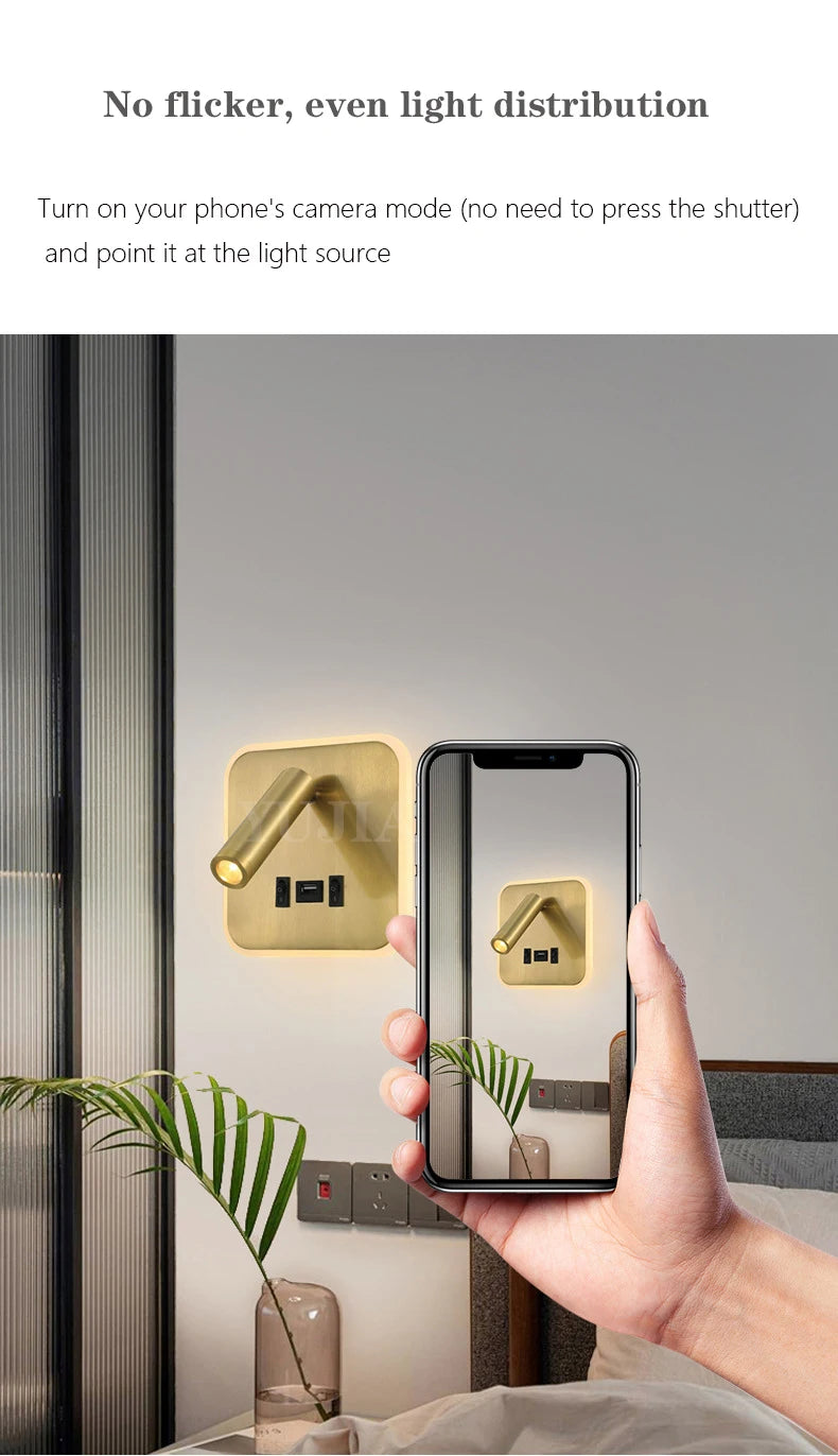 Contemporary Multifunctional LED Wall Sconce with Switch Modern Adjustable Reading Lamp USB Charging Ports for Bedrooms Offices