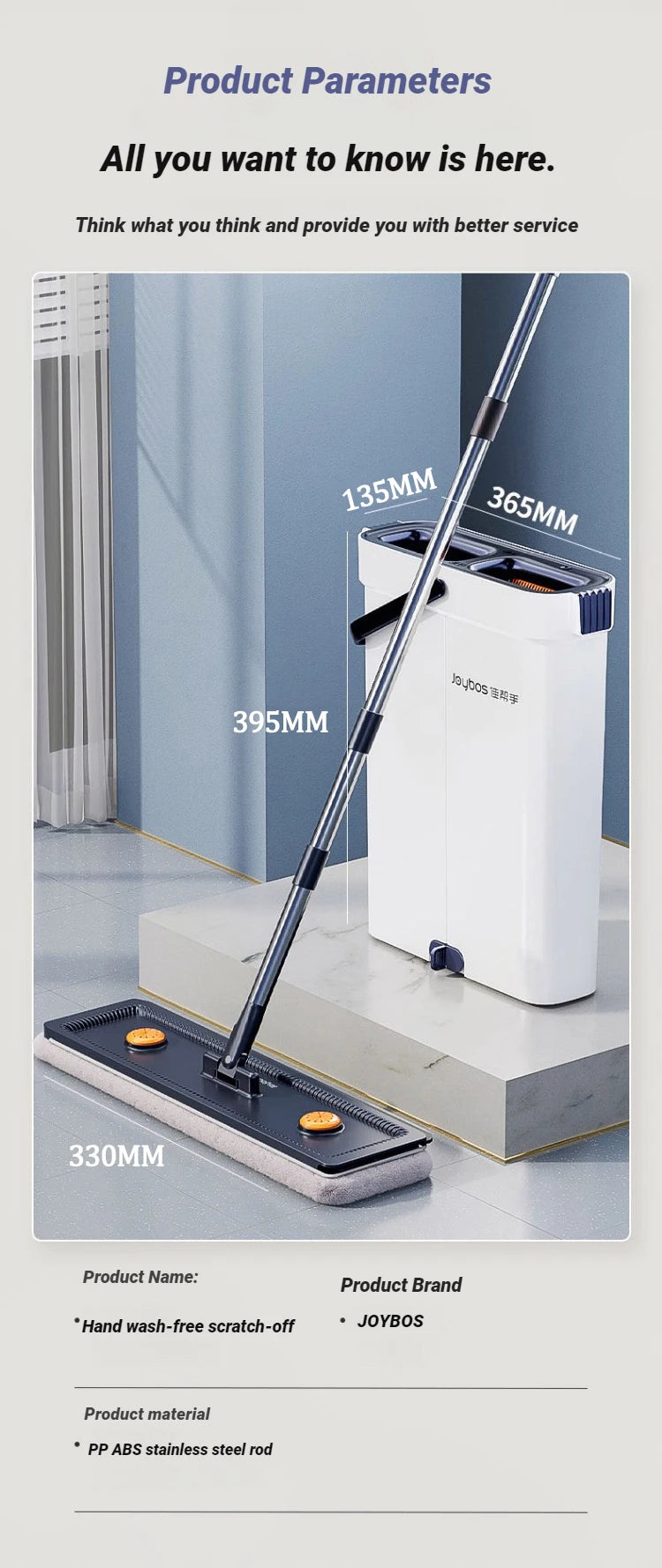 JOYBOS Spin Hand Free Flat Mop 33cm With Bucket Set Floor Cleaning Wet&Dry System Separation For Living Room Toilet Home Mops