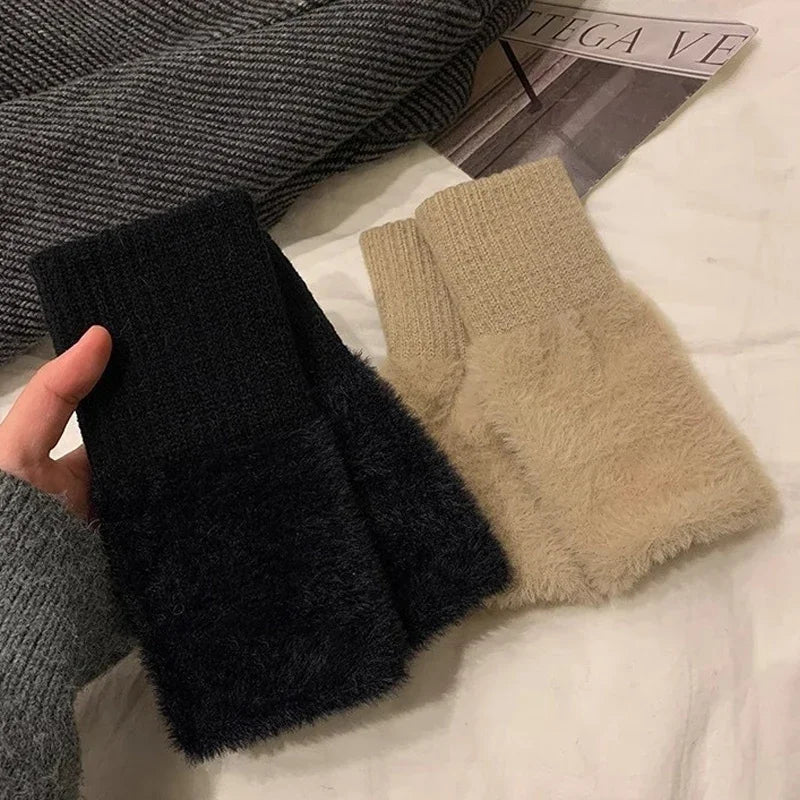 1PC- Warm and Cold-proof Half-finger Gloves for Women in Autumn and Winter, Versatile and Plush, Cute Office Half-finger Gloves