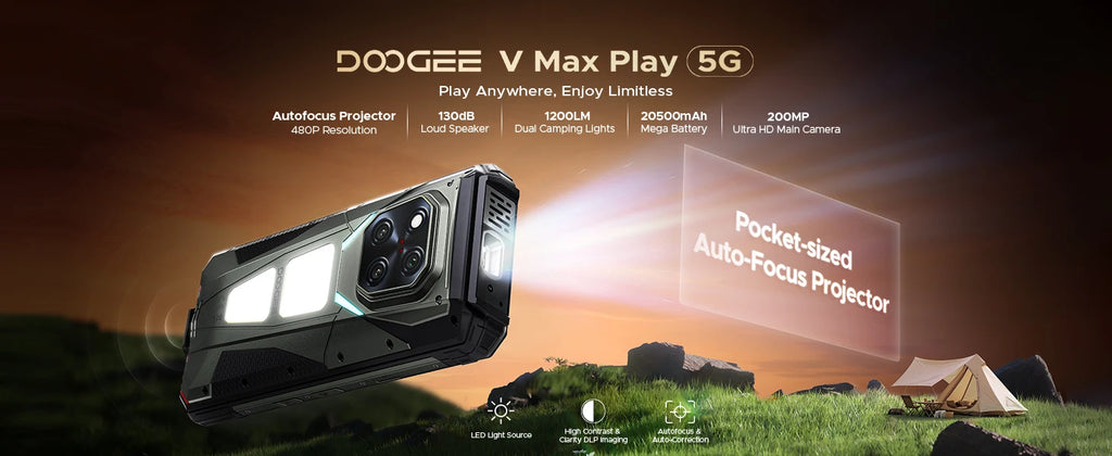 DOOGEE V Max Play 5G Rugged Phone Projector Function Dual Camping Lights 6.78'' Display 20500mAh Battery 16GB 512GB Smartphone