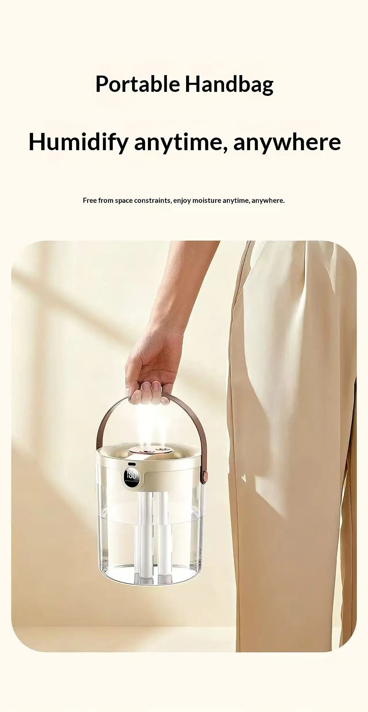 Portable Ultrasonic Humidifier 3 Spray Nozzles Digital Screen Night Light Large Water Tank Silent Aroma Diffuser for Home Use