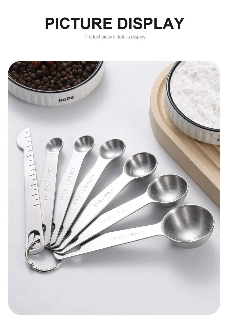 Stainless Steel Measuring Spoon 4/6/7/8 Pcs Set with Scale Measuring Ruler Spoons Coffee Baking Measuring Kitchen Tool Set