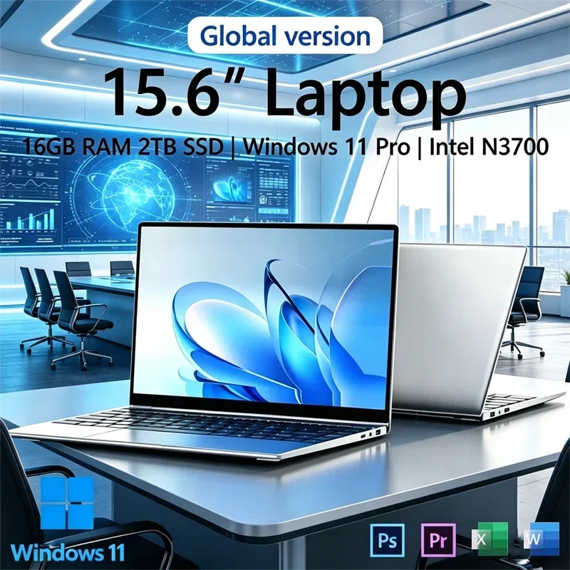 New 15.6" Ultra Slim Laptop Intel N3700 Win11 Pro 16GB RAM 2TB SSD 1080P Display Gaming Office Notebook