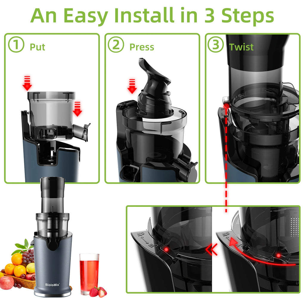 BioloMix 200W Cold Pressed Juicer with 78mm Feed Slot, Crushed Juice Extractor Fits Whole Fruits and Vegetables, Easy to Clean