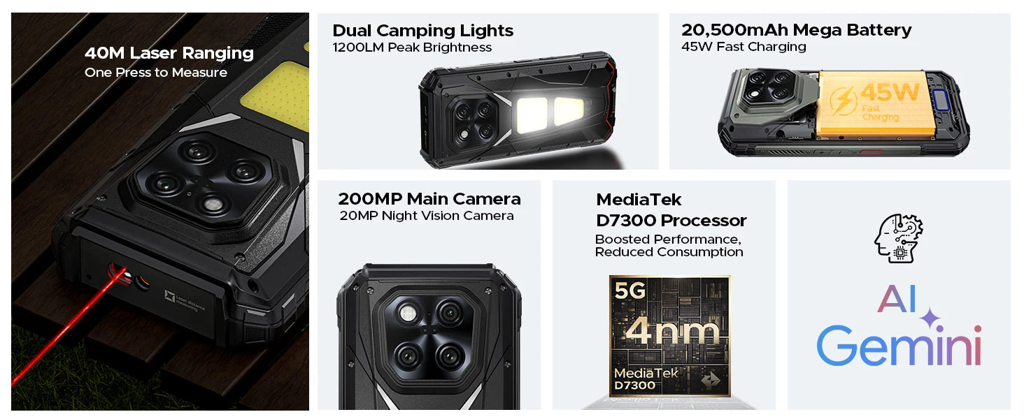 DOOGEE V Max LR 5G Rugged Phone  Laser Rngefinder Dual Camping lights 20500mAh Battery Light Effect 16GB 512GB Smartphone NFC