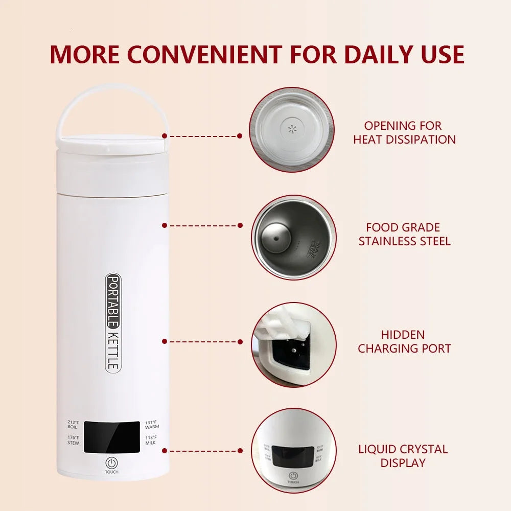 JFBONIN Electric Kettles Portable Tea Coffee Kettle Travel Boil Water Thermal Cup Anti-Scald Water Bottle English Menu