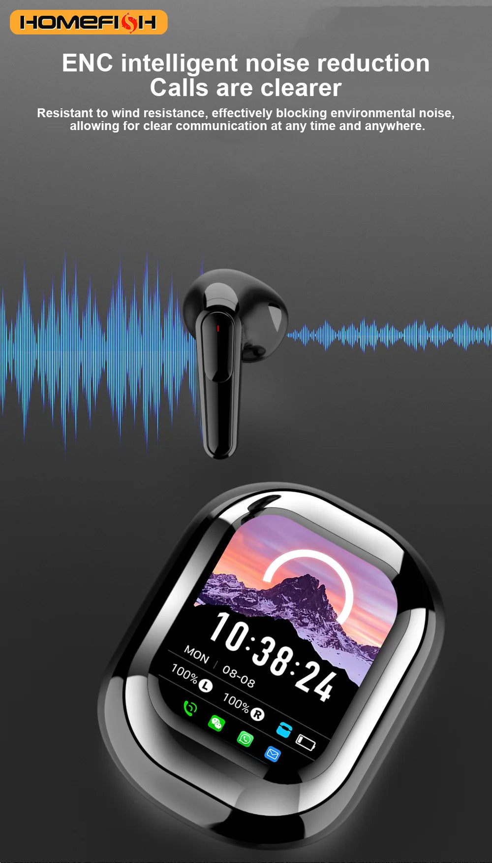SE-ONE smart headphones with LED full-color sliding touch screen support wireless TWS headphones for receiving APP information.