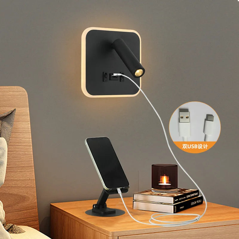 Contemporary Multifunctional LED Wall Sconce with Switch Modern Adjustable Reading Lamp USB Charging Ports for Bedrooms Offices