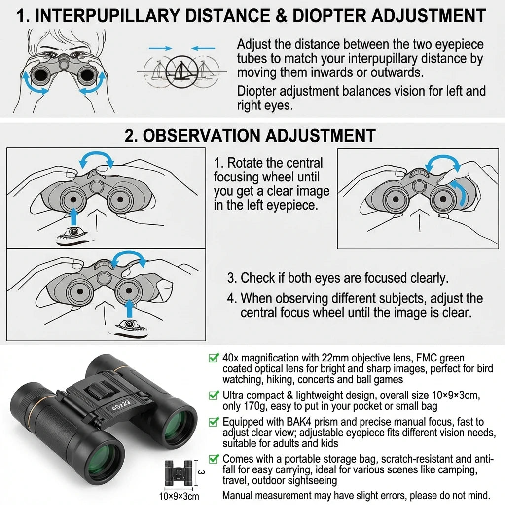 40x22 HD Binoculars BAK4 FMC Folding Mini Telescopic Sight Long Range 2000M for Hunting Sports Camping Travel