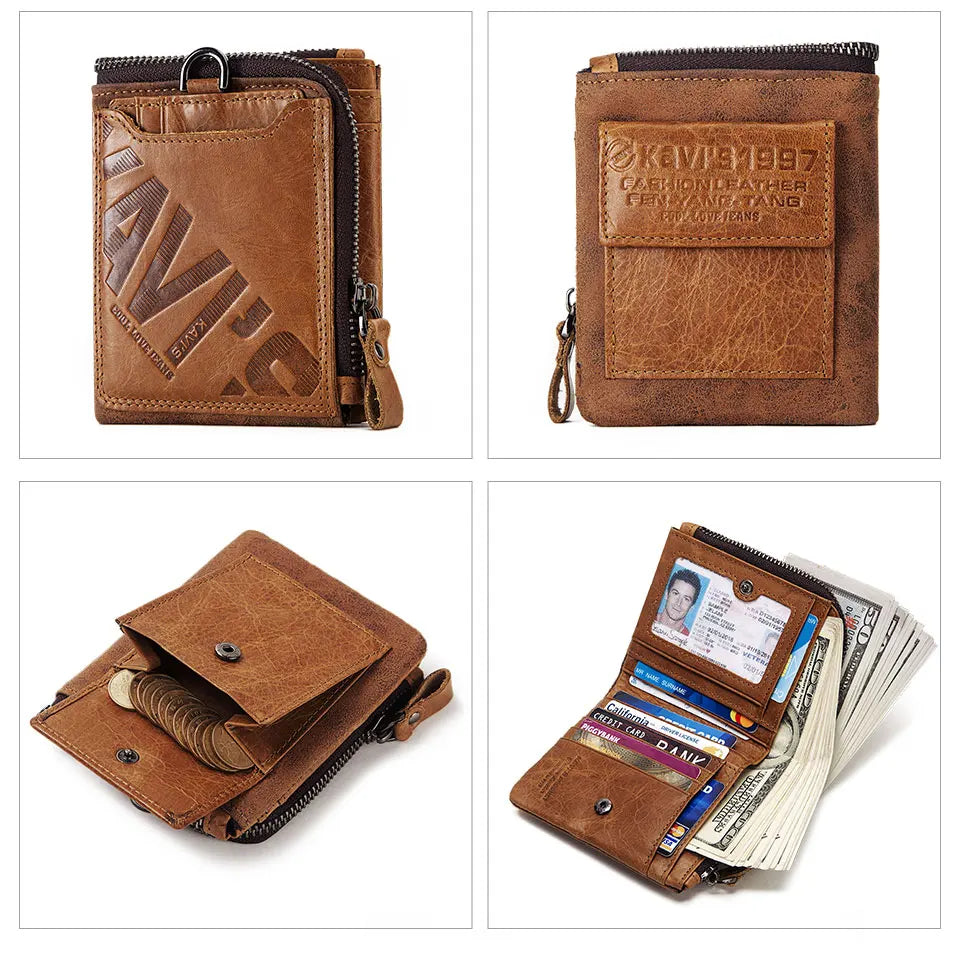 KAVIS Crazy Horse Leather Men Wallets Vintage Cowboy Travel Wallet Card Holder Fashion Coin Purse for Women with Extenal Cardbag