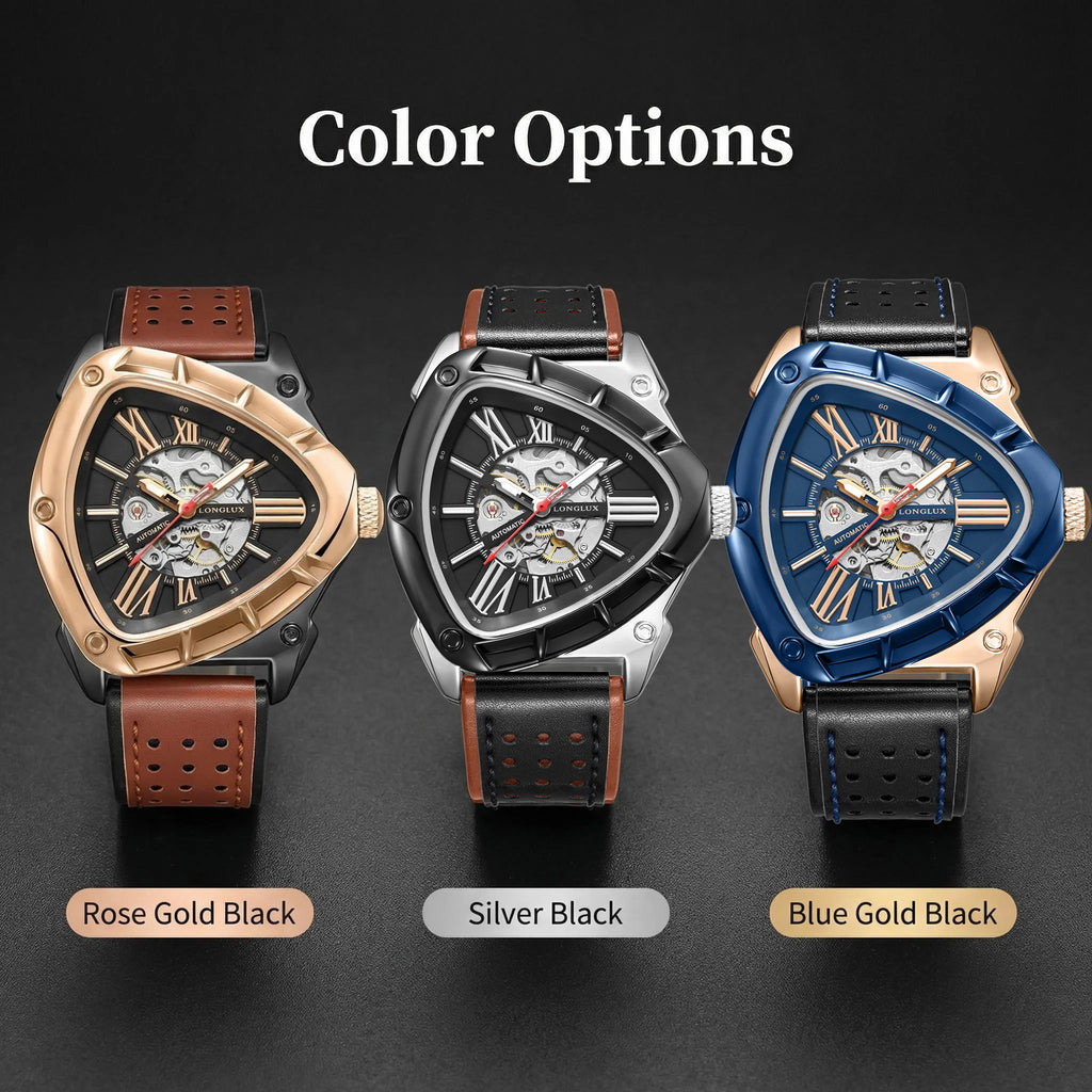 Men automatic watch explore outdoors style mechanical watches retro triangle skeleton leather waterproof luminous mens watch