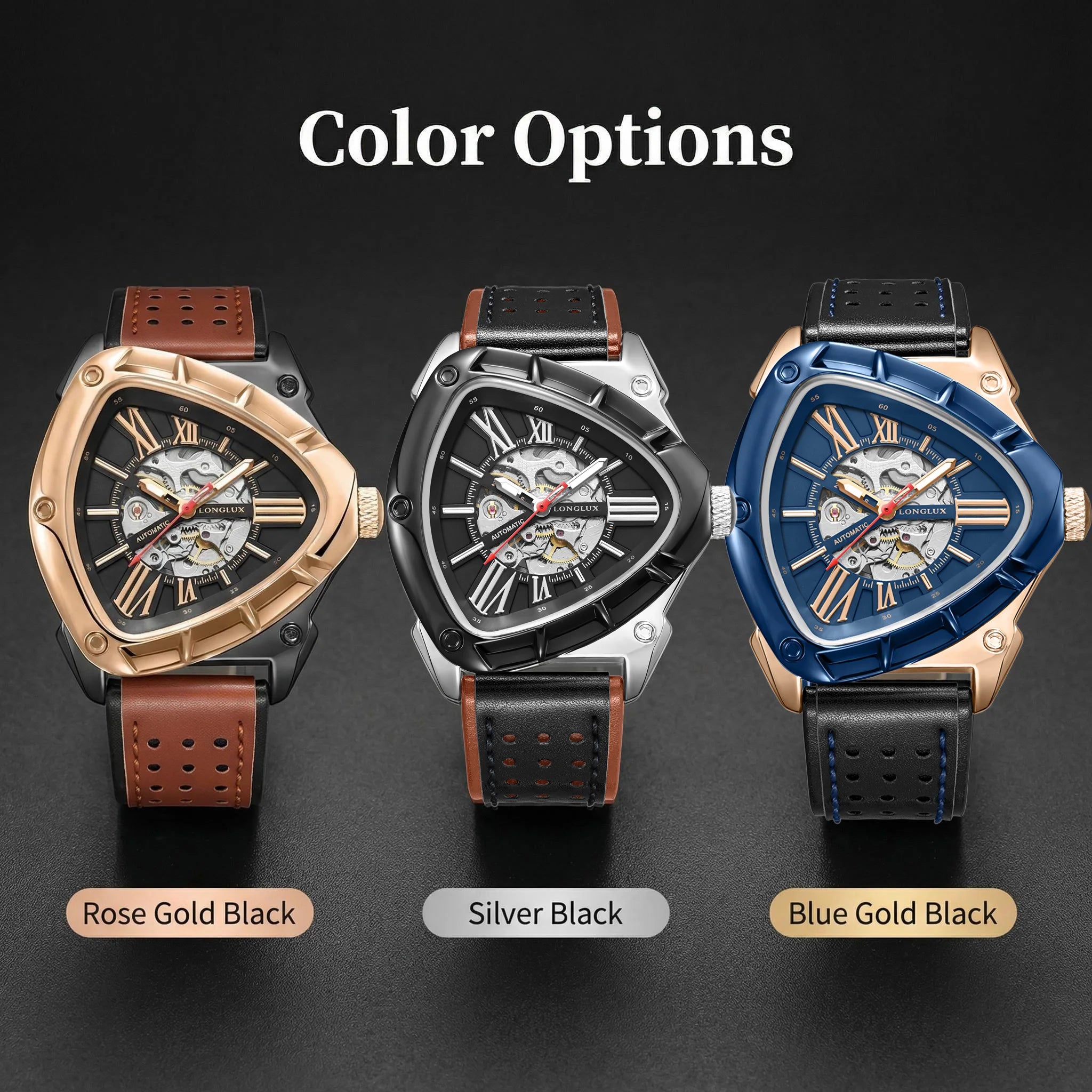 Men automatic watch explore outdoors style mechanical watches retro triangle skeleton leather waterproof luminous mens watch