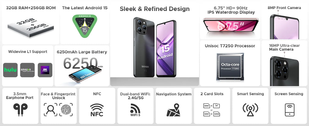DOOGEE Note58 Pro Smartphone 6.75" HD+ Display 32GB(8+24) 256GB 6250mAh Battery NFC Widevine L1 Android 15 Mobile Phone