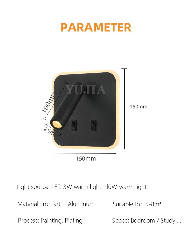 Contemporary Multifunctional LED Wall Sconce with Switch Modern Adjustable Reading Lamp USB Charging Ports for Bedrooms Offices