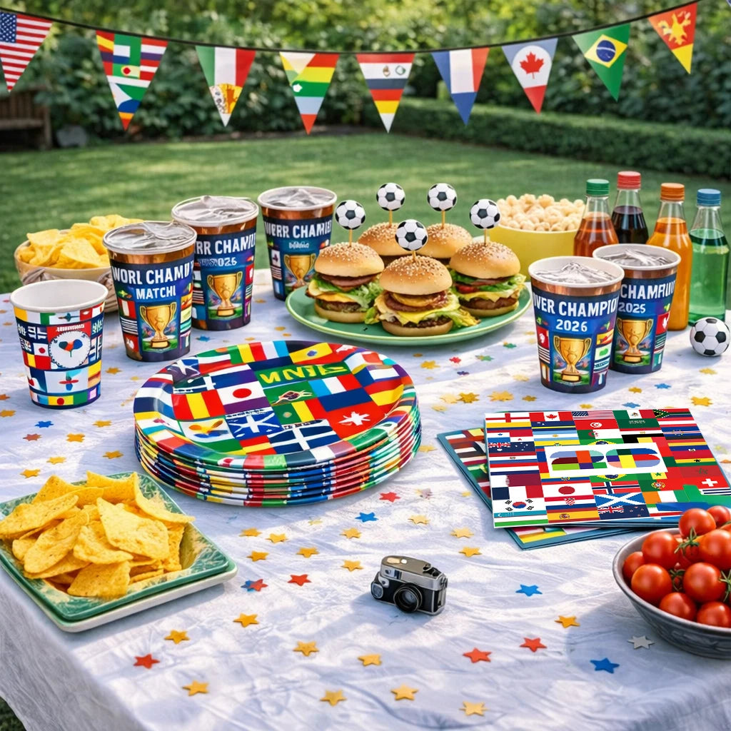 World Football 2026 Soccer Party Supplies Tablewear with International Flags Paper Plates, Cups Napkins Set for Football Party