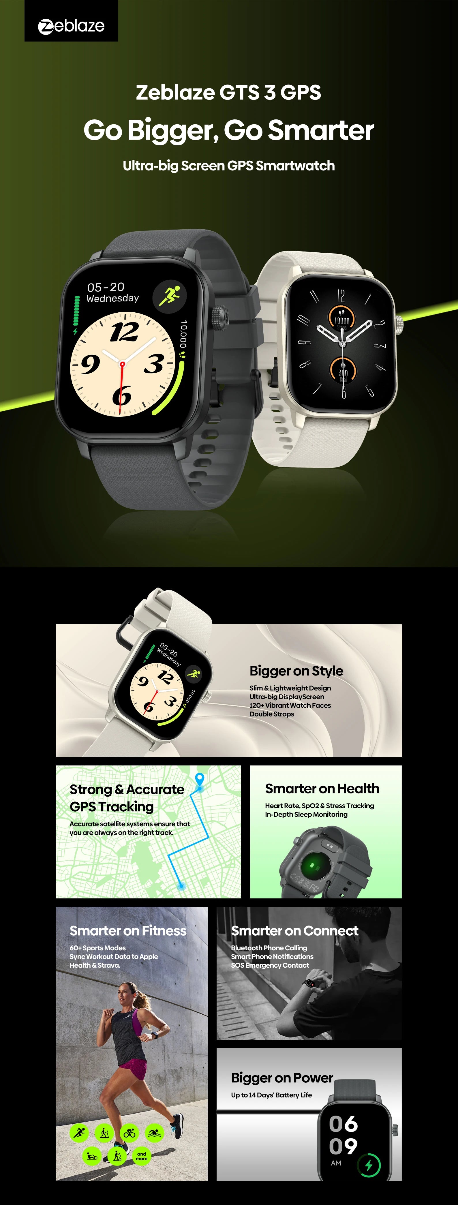 New 2025 Zeblaze GTS 3 GPS Smartwatch 2.01" Display Screen Make/Answer Phone Calls Heart Rate/SpO2/Stress Tracking Smart Watch