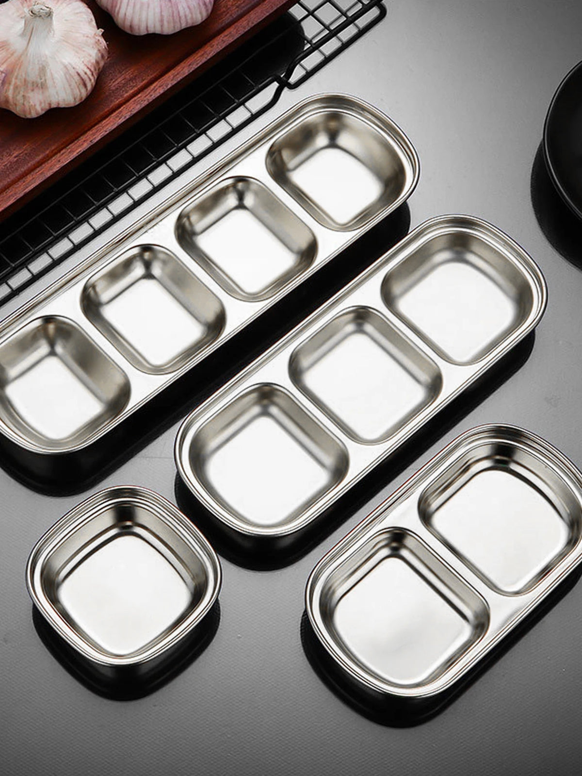1/4 Pcs Stainless Steel Divided Seasoning Sauce Dip Bowl, 1/2/3/4 Compartment Korean Ketchup Sauce Bowl, Vinegar Soy Spice Condiment Tray for Home Restaurant