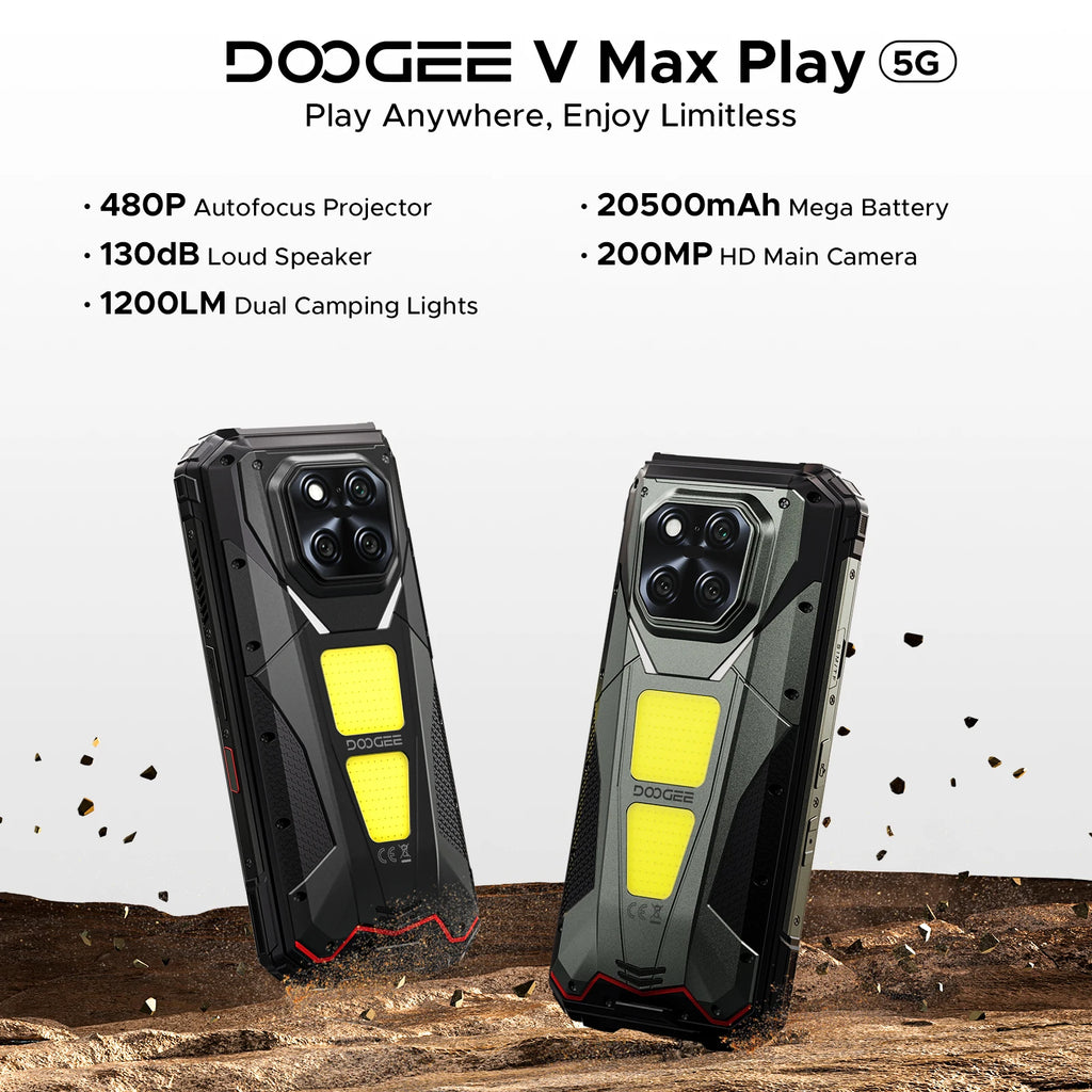 DOOGEE V Max Play 5G Rugged Phone Projector Function Dual Camping Lights 6.78'' Display 20500mAh Battery 16GB 512GB Smartphone