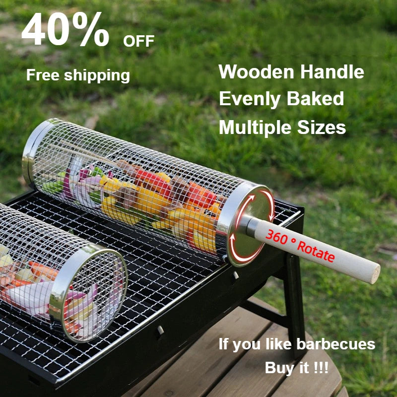 Wooden handle rolling barbecue cage, outdoor BBQ grill basket, 304 stainless steel barbecue tube, barbecue net,Free shipping