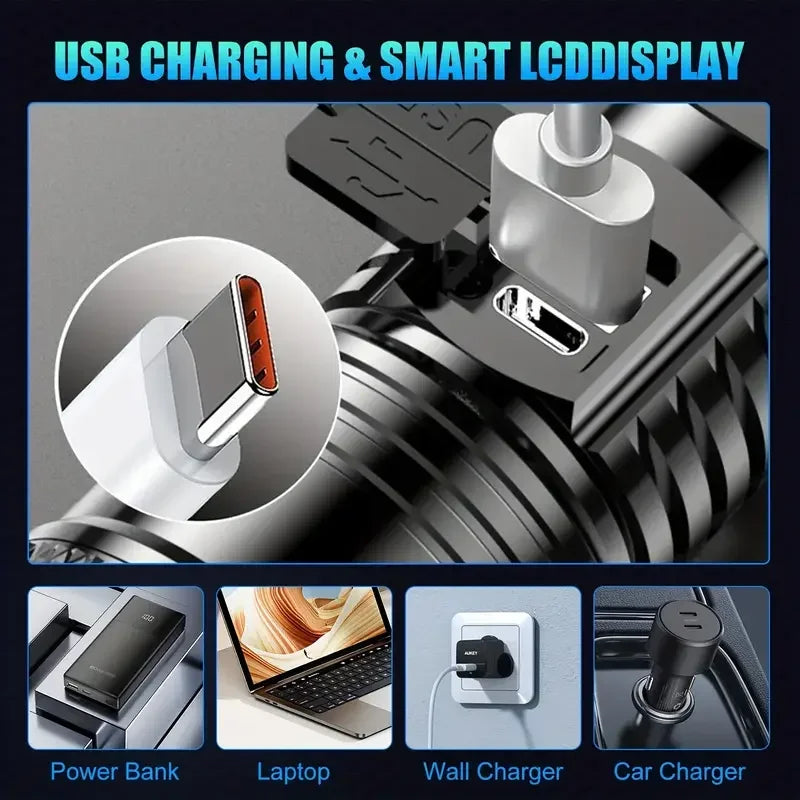 Tactical LED Flashlight 2000LM USB Rechargeable Waterproof Grade Zoom Torch Bright Portable Emergency Light for Camping Outdoor