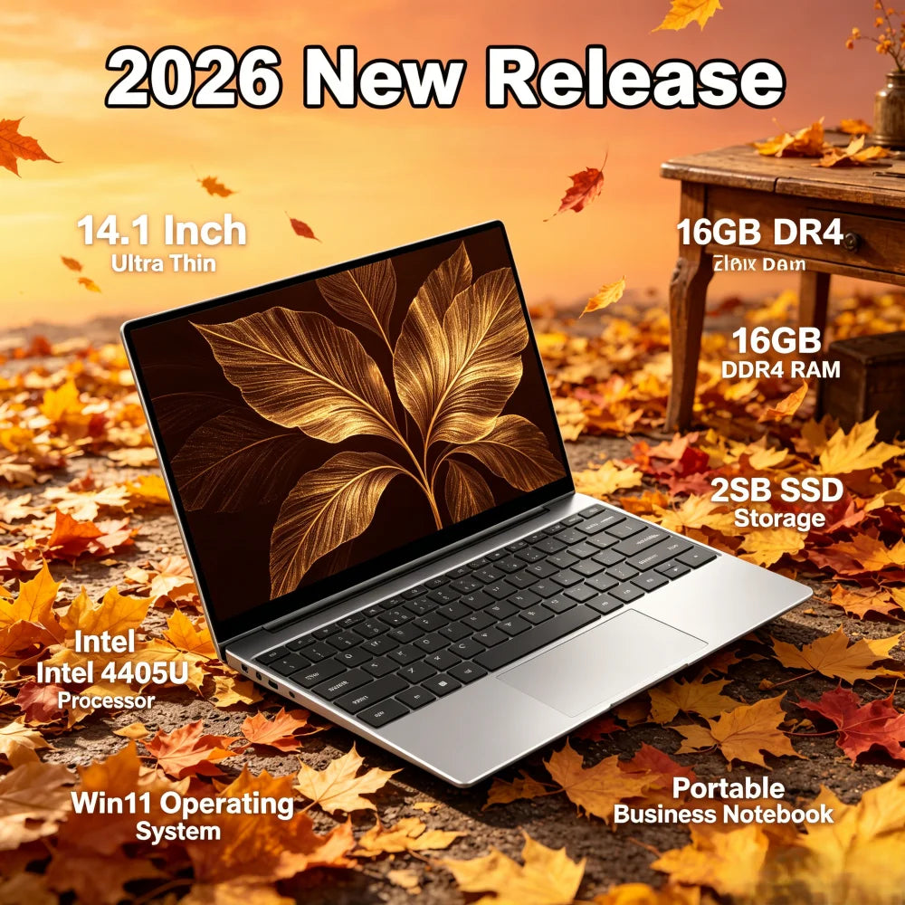 2026 New 14.1 Inch Ultra Thin Laptop Intel 4405U Win11 16GB DDR4 RAM 2TB SSD Portable Business Notebook