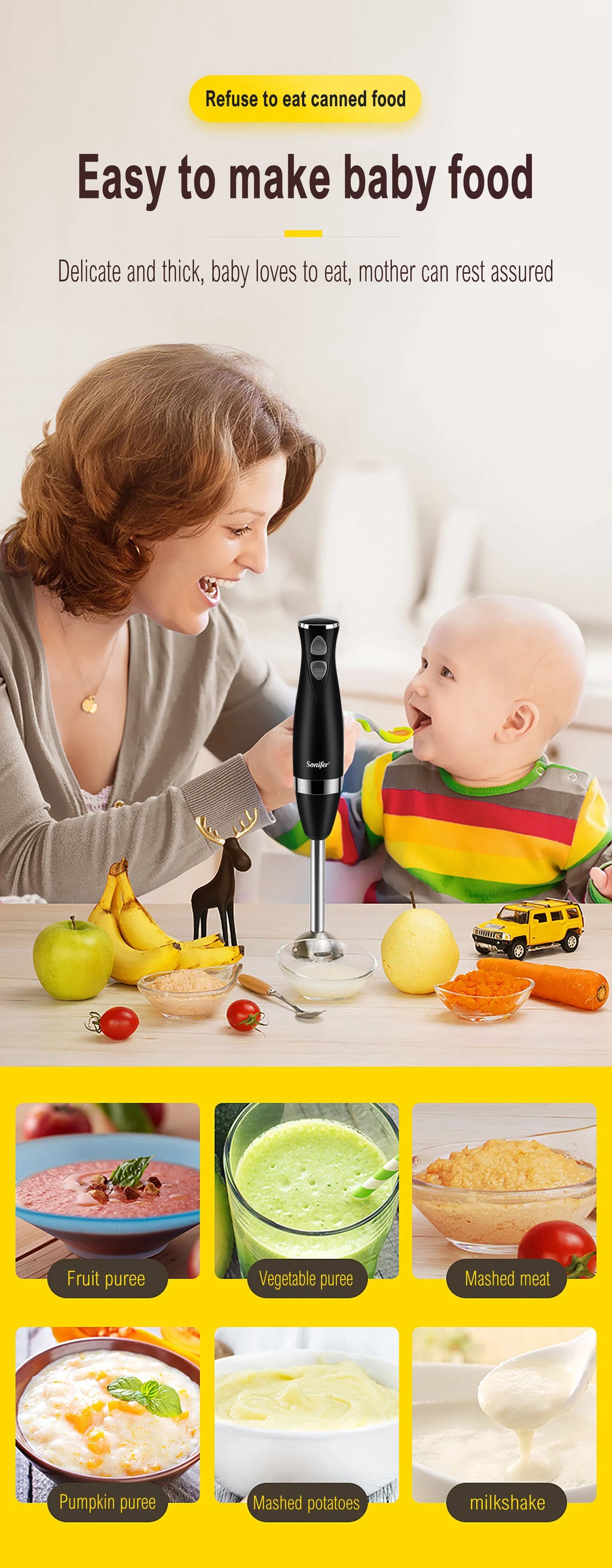 Stainless Steel Hand Blender 3 In 1 Immersion Electric Food Mixer With Bowl Kitchen Vegetable Meat Grinder Chopper Whisk Sonifer