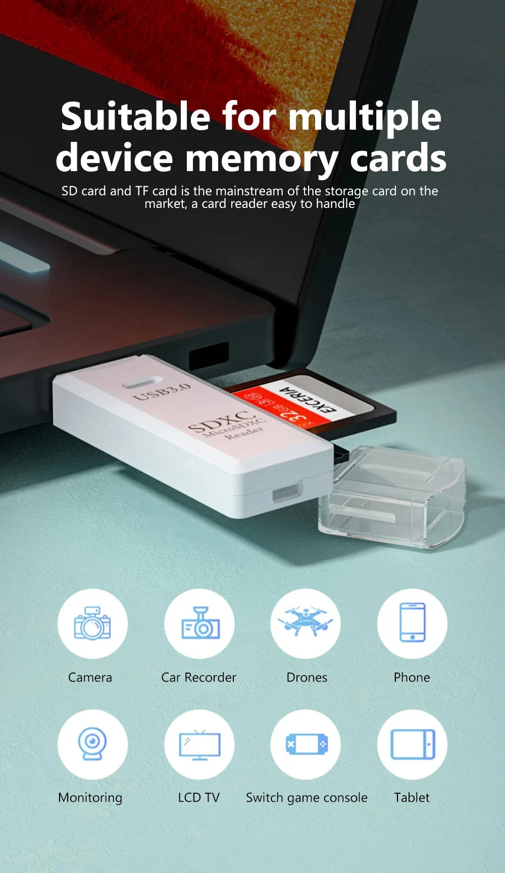 Tutew Multi Functional 2 In 1 High-speed USB 3.0/2.0 Card Reader Supports TF+SD Computer Tablet Camera Laptop Car Mounted