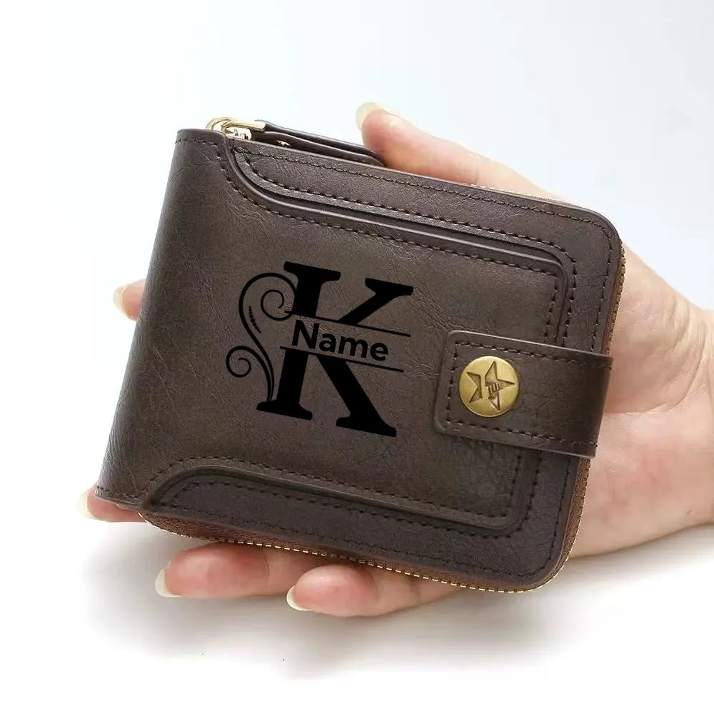 Men's Custom Wallet - Personalized Artificial Leather Men's Engraved Name and Letter Wallet, Father's Day Dad Gift, Brown