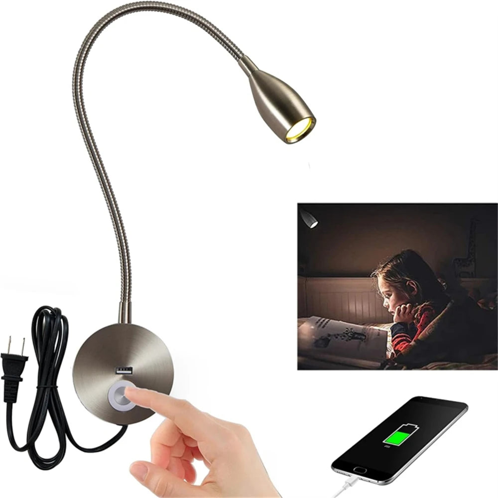Tokili LED Golden Wall Lamp w/ USB Charger & Touch Dimmer - Bendable Gooseneck Bed Headboard Spotlight Sconce for Reading Lights