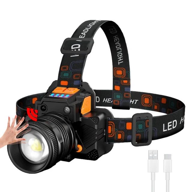Rechargeable Powerful Headlamp 90° Adjustable Zoomable LED Headlight Built-in 18650 Battery for Camping Front Head Lantern