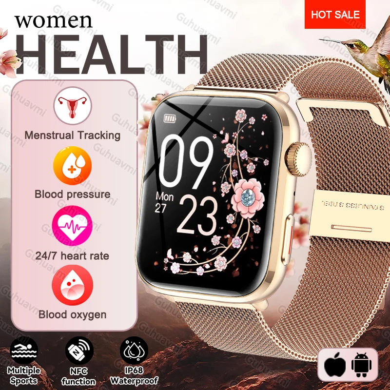 2026 Smart Watch 24/7 Women Health Full Touch Screen BT Call Waterproof Watch Sports Fitness Tracker Health Smartwatch Lady Gift